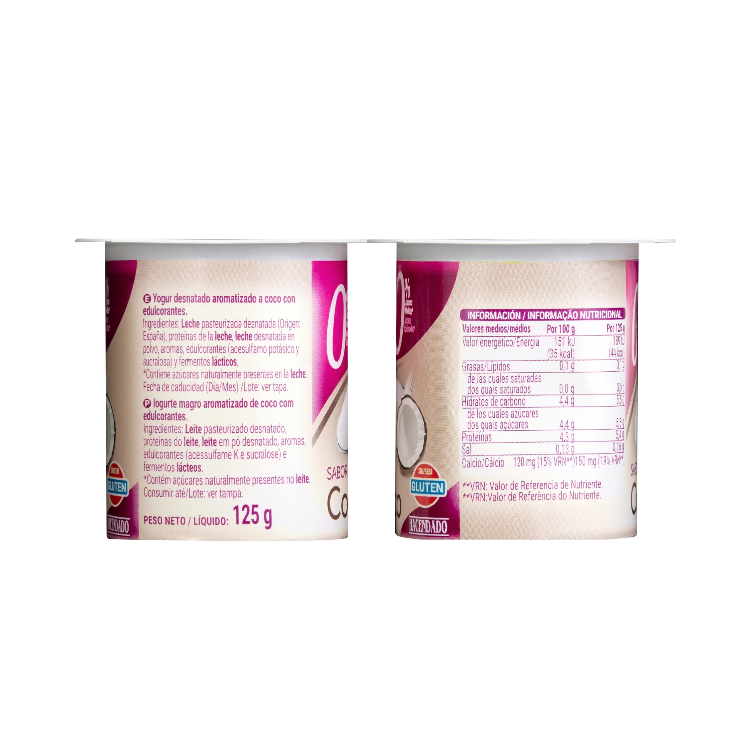 Etiqueta Yogur sabor coco Hacendado 0% m.g 0% sin azúcares añadidos
